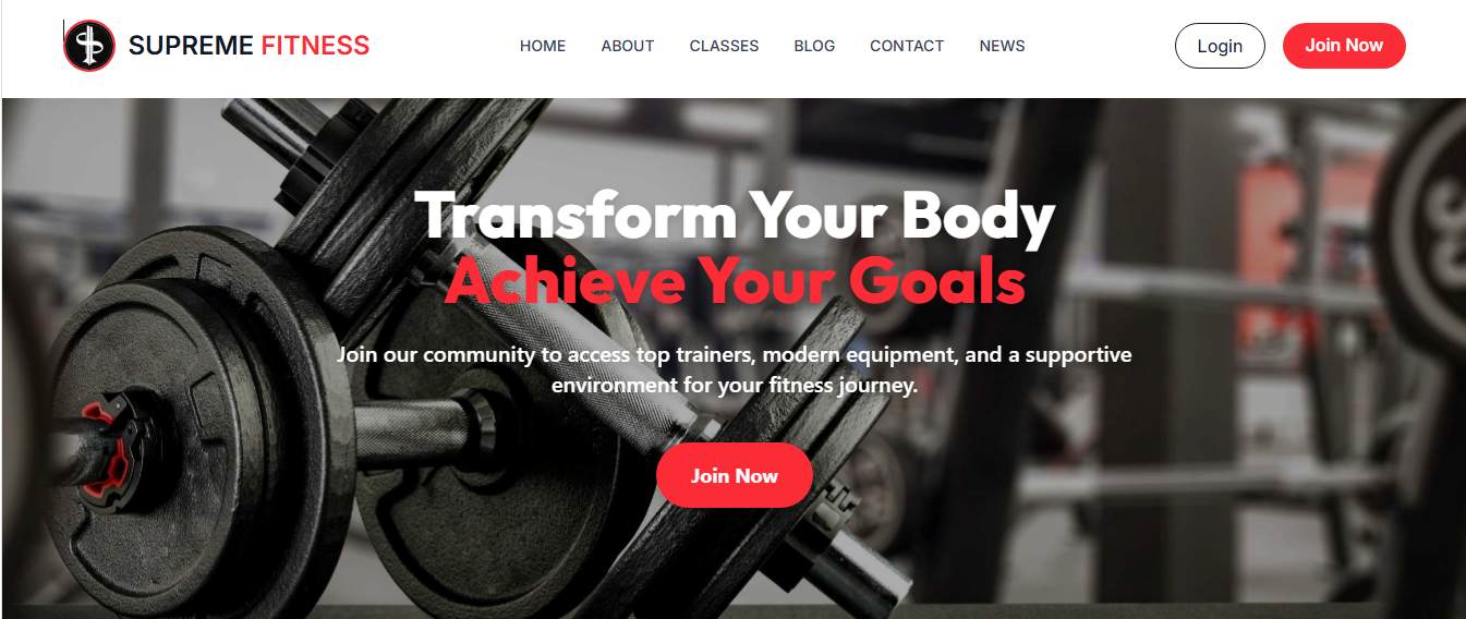 Supreme Fitness Gym website homepage featuring a fitness hero banner and navigation